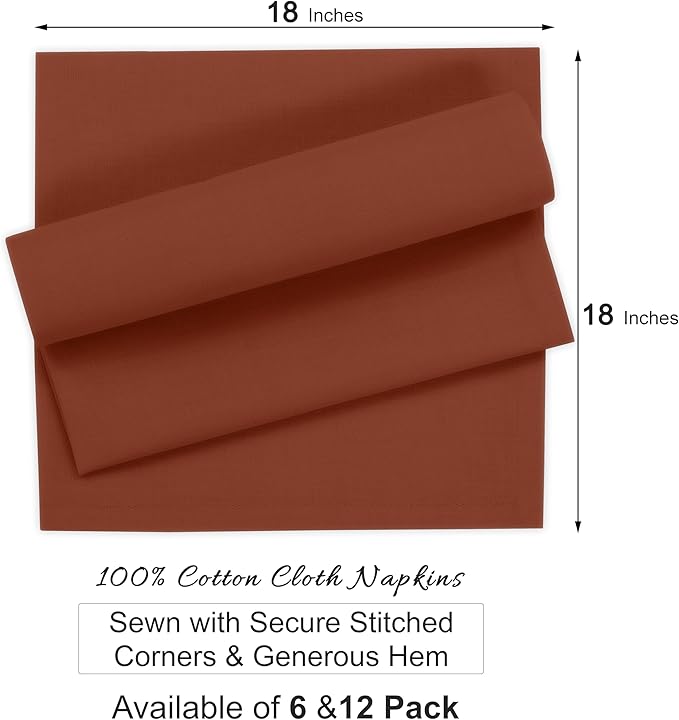 Ruvanti Cloth Napkins Set of 6, 100% Cotton High GSM 18x18 Inches Soft, Washable, Highly Durable & Absorbent, Perfect for Parties, Christmas, Thanksgiving Dinners – Rust