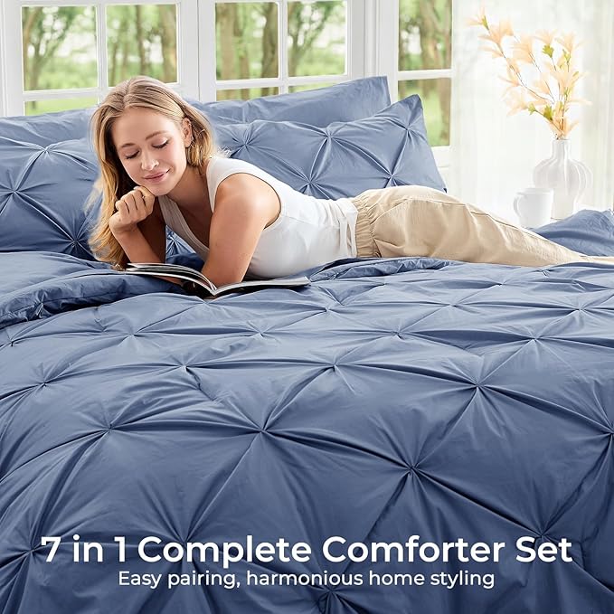 Sasttie Queen Comforter Set, 7-Piece Bed in a Bag, Pintuck Bedding Sets for All Season, Includes Comforter, Flat Sheet, Fitted Sheet, Pillowcases and Pillowshams, Slate Blue