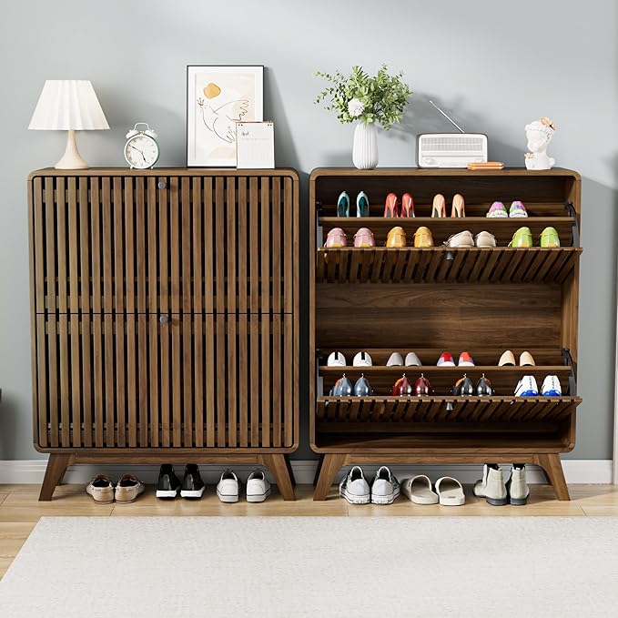 Jluomei Fluted Narrow Shoe Cabinet for Entryway, Slim Wood Shoe Storage Cabinet with Flip Drawers, Bamboo Thin Shoe Rack Organizer for Entry Way, Hallway, Hidden, Walnut