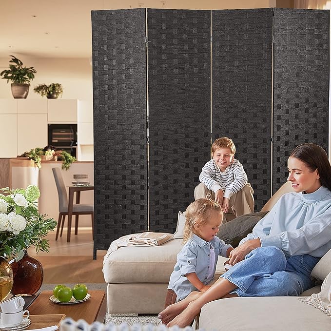 Room Divider, 6FT Wall Divider Wood Screen 4 Panels Wood Mesh Hand-Woven Design Room Screen Divider Indoor Folding Portable Partition Screen,Black