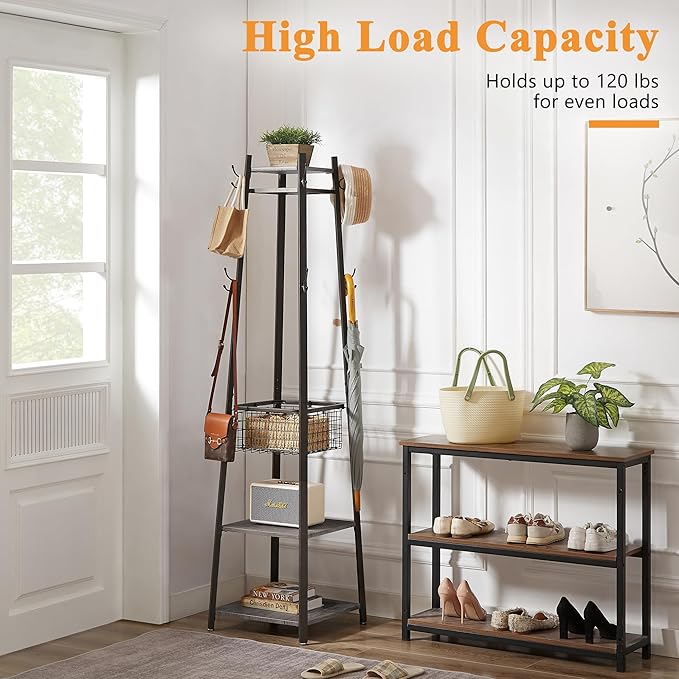 VECELO Coat Rack Freestanding,Hall Tree with Metal Basket and Storage Shelves,Industrial Coat Rack Stand with 8 Hooks for Hanging Coats/Hats/Bags/Umbrellas,18 x 18 x 72 In,Antique Brown