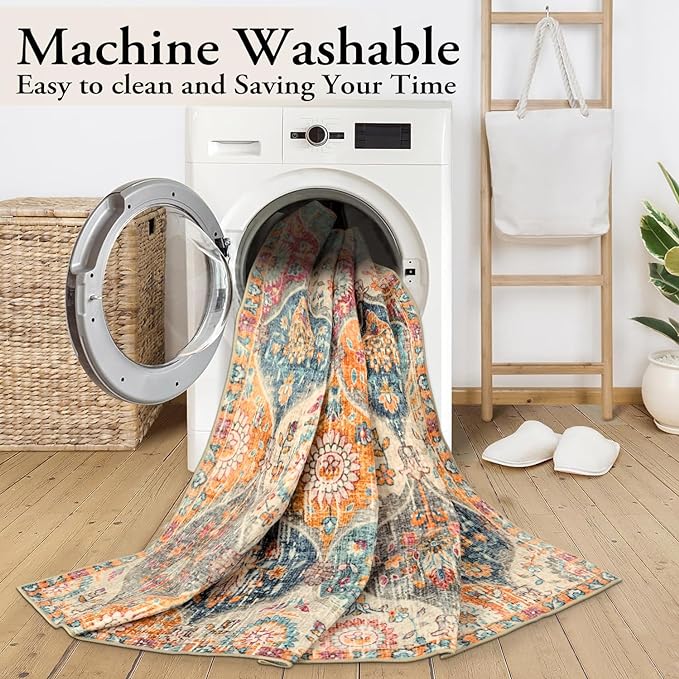 Lahome Moroccan Washable Area Rugs 8x10, 8x10 Rugs for Living Room Bedroom, Non Slip Low Pile Distressed Stain Resistant Rug for Kids Pets High Traffic Areas Elise, Burnt Orange