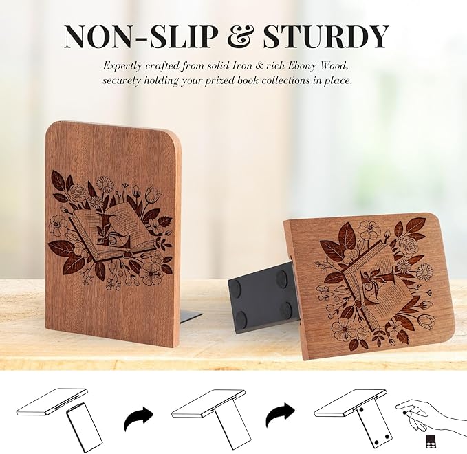 Wood Bookends, Book Ends for Shelves with Decorative Alphabet A and Z Design - Heavy Duty Iron & Ebony Wood Book Ends for Shelves Bookcase Desk - 1 Pair - L