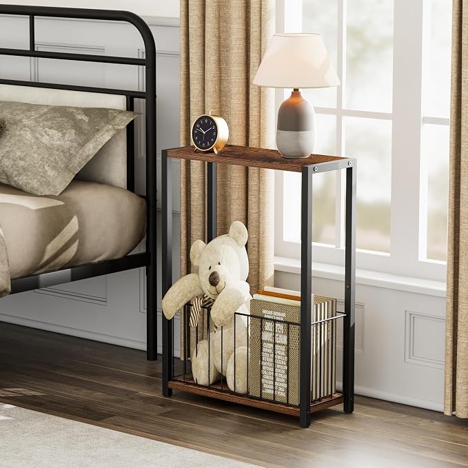 Homleke Narrow Side Table with Magazine Holder, Skinny End Table Perfect for Small Spaces, Space-Saving Design for Living Room, Bedroom, or Office, 7.1" D x 16.9" W x 23.6" H, Rustic Brown