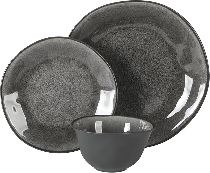 Gibson Elite Port Barton Plates and Bowls Sets, 12-Piece Stoneware Dinnerware Sets, Reactive Glaze Dish Set - Black