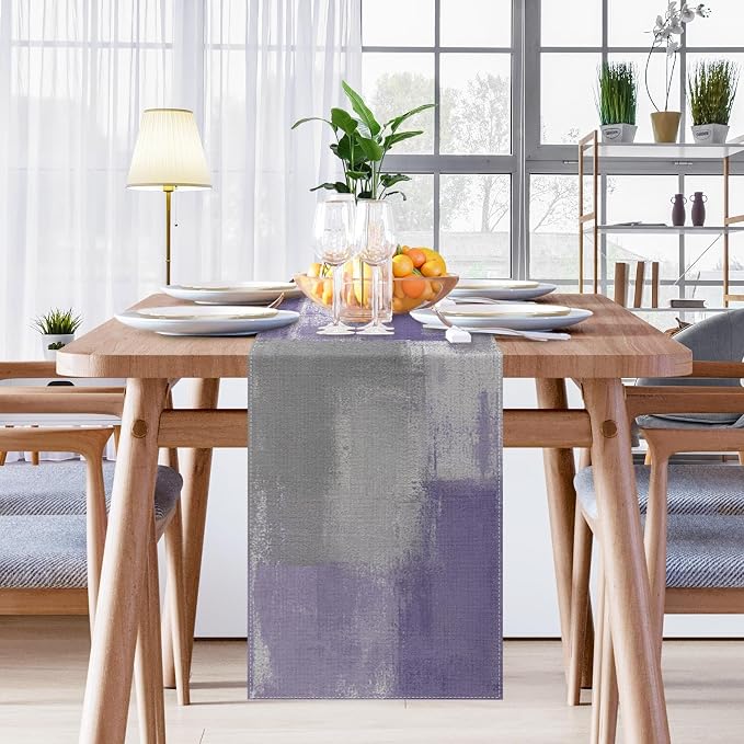 Emvency Farmhouse Table Runner, Vintage Purple Grey Abstract Art Painting for Kitchen Coffee Table Family Dinners Holiday Parties Wedding Events Decor(13x72 inch)