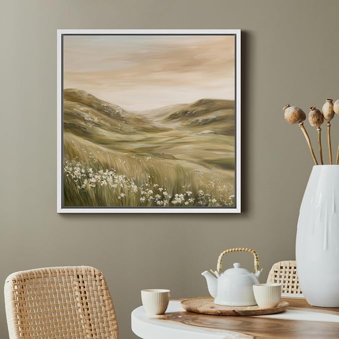 SIGNFORD Framed Canvas Print Wall Art Soft Meadow Landscape with Wildflowers Illustrations Modern Art Relax/Calm Warm for Living Room, Bedroom, Office - 24"x24" WHITE