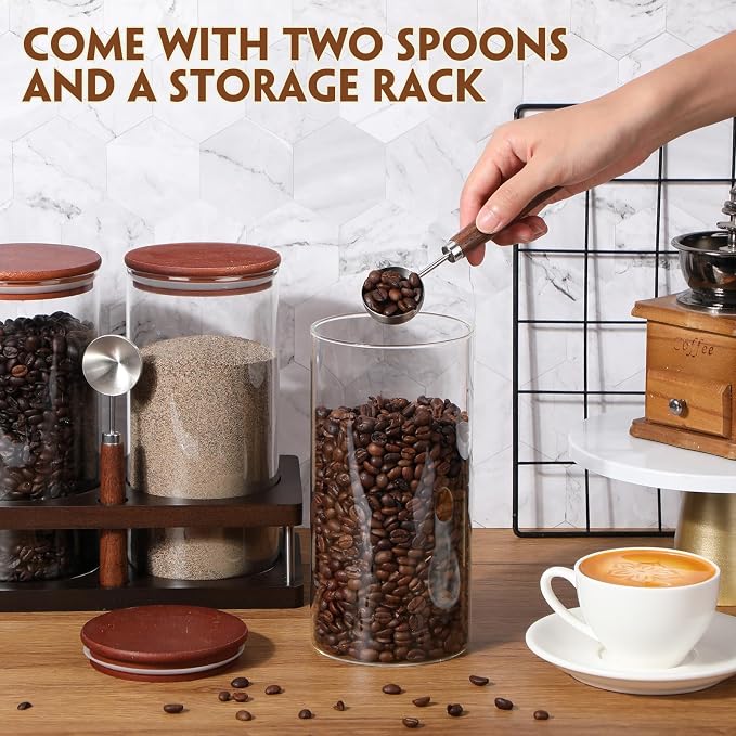 Suclain 3 Pcs Glass Coffee Bean Container 44 oz Airtight Coffee Canister with Shelf and Measuring Spoon Kitchen Food Canister Jar for Sugar Candy (Classic Style, Wood, Glass, Stainless Steel)