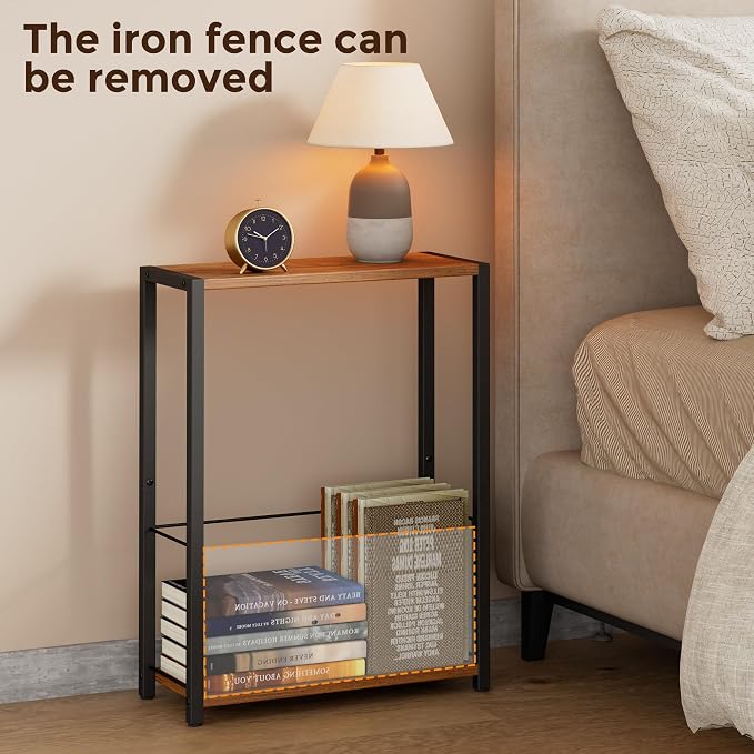 Homleke Narrow Side Table with Magazine Holder, Skinny End Table Perfect for Small Spaces, Space-Saving Design for Living Room, Bedroom, or Office, 7.1" D x 16.9" W x 23.6" H, Rustic Walnut