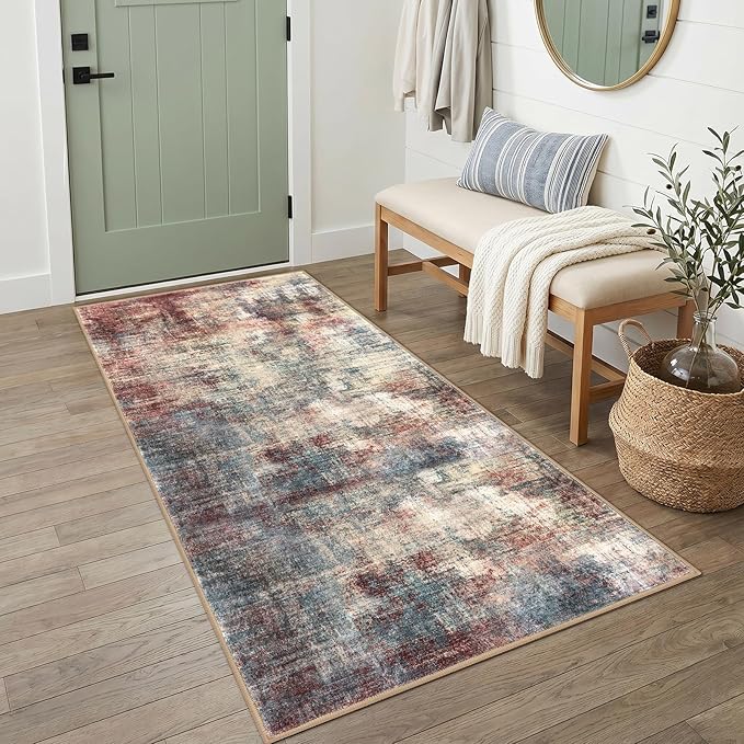 IOHOUZE Abstract Runner Rug 3x6 Ft Washable Runners for Hallways, Non Slip Kitchen Runner Printed Faux Wool Entryway Runner Indoor, Modern Abstract Floor Carpet for Hall Kitchen Bedroom, Red/Multi
