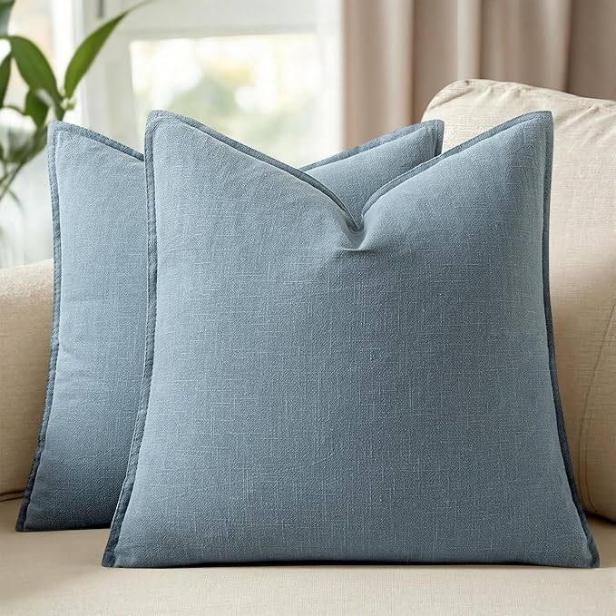 18x18 Inch Set of 2 Decorative Linen Solid Throw Pillow Covers Boho Accent Farmhouse Couch Pillowcases Modern Netural Home Decor for Couch Sofa Living Room Bed,Coastal Blue