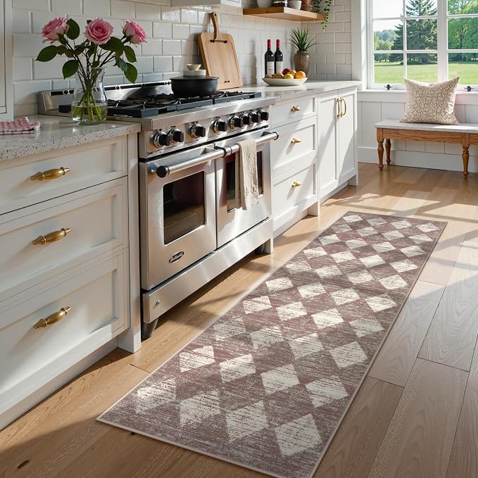 Lahome Zelie Moroccan Treills Runner Rug, 2x6 Beige Washable Rug Runner Carpet Runners for Hallway 6ft Non Skid, Checkered Kitchen Bathroom Non Skid Runners for Bedroom Hallway Entryway