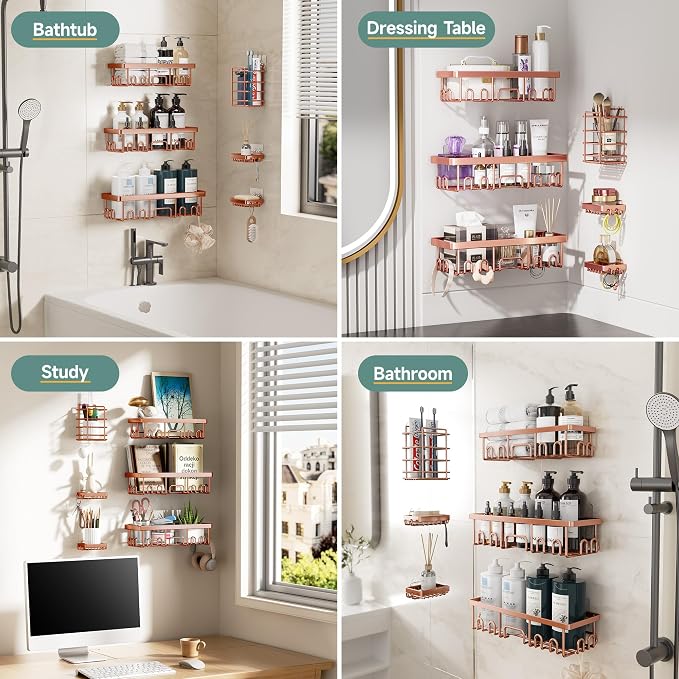 Veken Shower Caddy 6-Pack, No Drilling & Rustproof, Waterproof Adhesive Shelves Rack with Soap Holder, Large Capacity Bathroom Organizers and Storage, Wall-Mounted Kitchen & Home Decor, Rose Gold