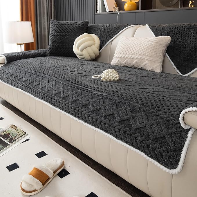Geometric Jacquard Plush Warm Sofa Couch Cover, Soft Funny Fuzzy Couch Covers, Non Slip Sectional Sofa Slipcover, Cozy Washable Furniture Protector for Kids, Pets (Dark Grey, 36"x 36")
