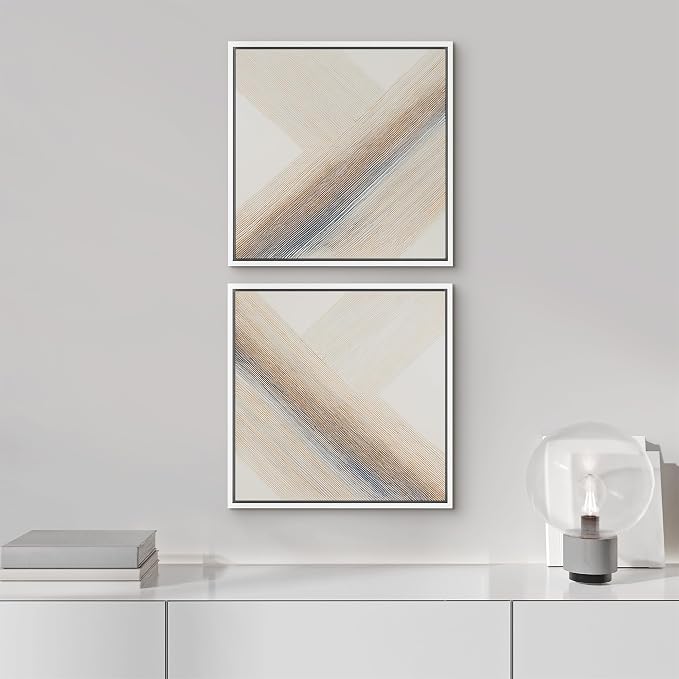 SIGNFORD Framed Canvas Print Wall Art Set Geometric Cross Neutral Beige & Blue Abstract Illustrations Modern Art Minimal Relax/Calm for Living Room, Bedroom, Office - 24"x24"x2 WHITE