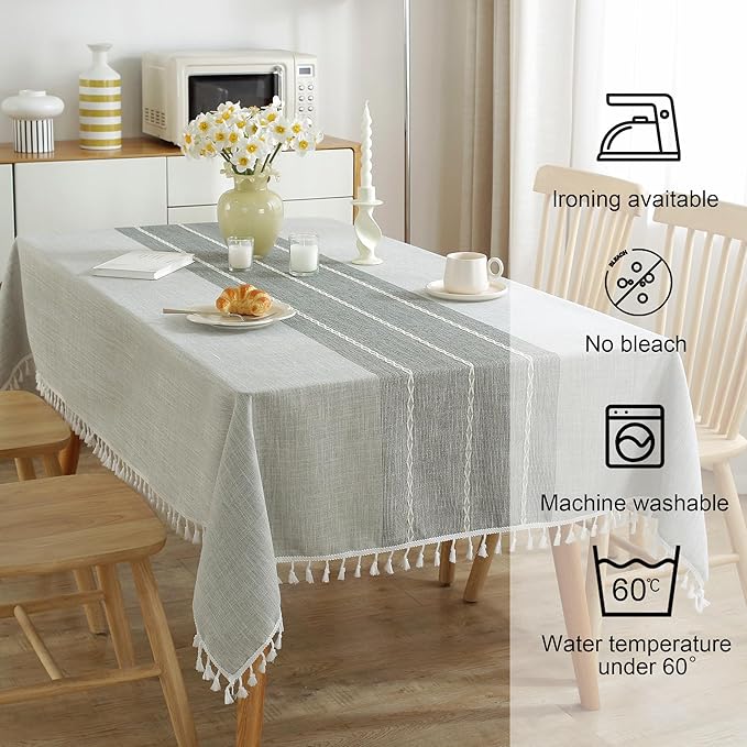 JIALE Tablecloths for Rectangle Tables,Cotton Linen Table Cloth Waterproof Tablecloth Wrinkle Free Farmhouse Dining Tables Cover,Soft Fabric Table Cloths with Tassels,Grey,55" X 70",4-6 Seats