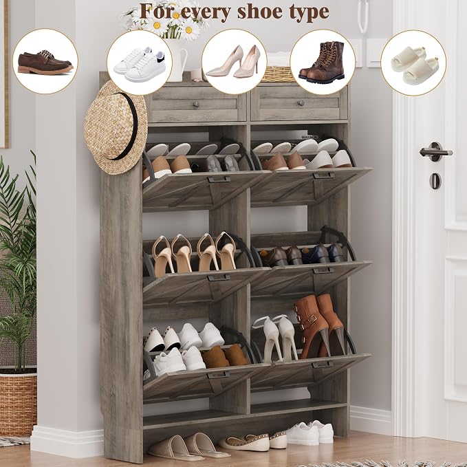 Thacuok Shoe Cabinet with 6 Flip Drawers & 2 Storage Drawers, Rustic Farmhouse Narrow Shoe Organizer Cabinet, Slim Shoe Rack Cabinet, Shoe Storage Cabinet for Entryway, Hallway, Front Door