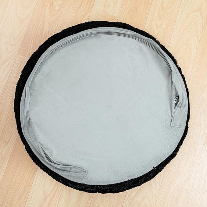 Fluffy Round Ottoman Pouf with All-in-One Foam Filling 20" x 14" Furry Ottoman Foot Rest Foot Stool for Living Room or Bedroom (Black)