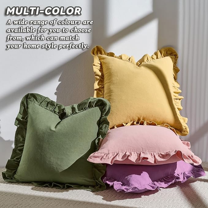 AmHoo Pack of 2 Throw Pillow Covers 100% Cotton Pre Washed Ruffle Decorative Pillowcase Cushion for Couch Sofa Bedroom 20 x 20-Inch Bridal Rose