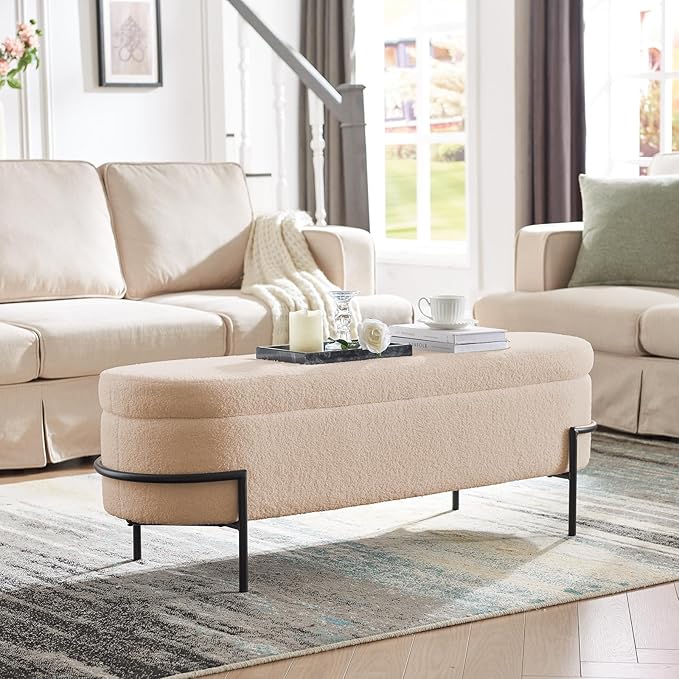 FiveWillowise Sherpa Storage Ottoman Bench for Bedroom, Beige End of Bed Bench with Storage, Upholstered Boucle Storage Bench with Metal Stand and Hinges, Oval Ottoman for Living Room, 52 Inch