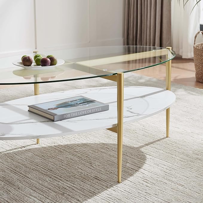 LumFurn Oval Glass Coffee Table, Mid-Century Modern Design, L43 x W22 x H17 inch, Surfboard Shaped Clear Glass Top and White Marble Finish Wood Shelf, Tapered Legs with Gold Finish Frame