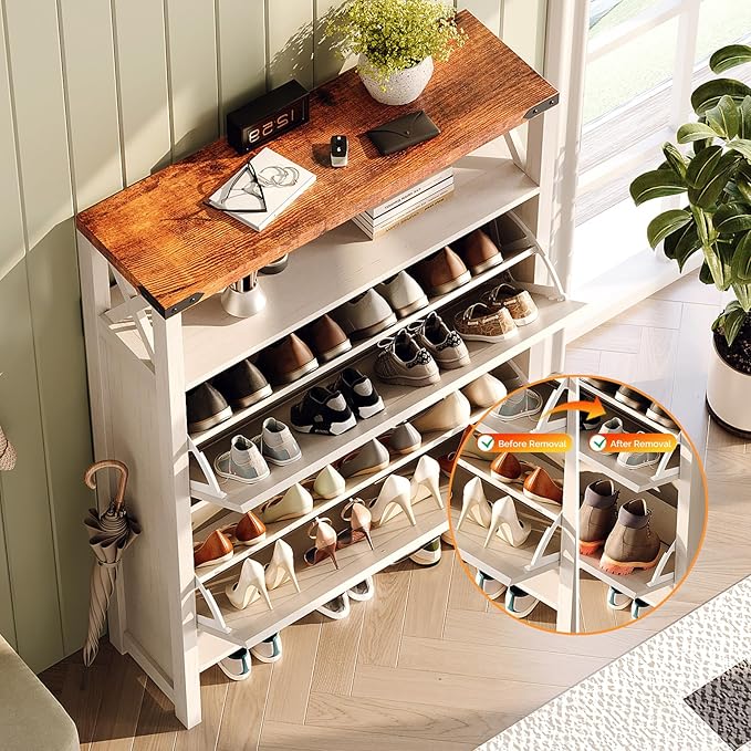VINGLI Farmhouse Shoe Cabinet with 2 Flip Drawers, Slim Entryway Shoe Storage Organizer with Open Shelf, Freestanding Wood Shoe Rack for Hallway, Rustic White & Brown (31.5" W)