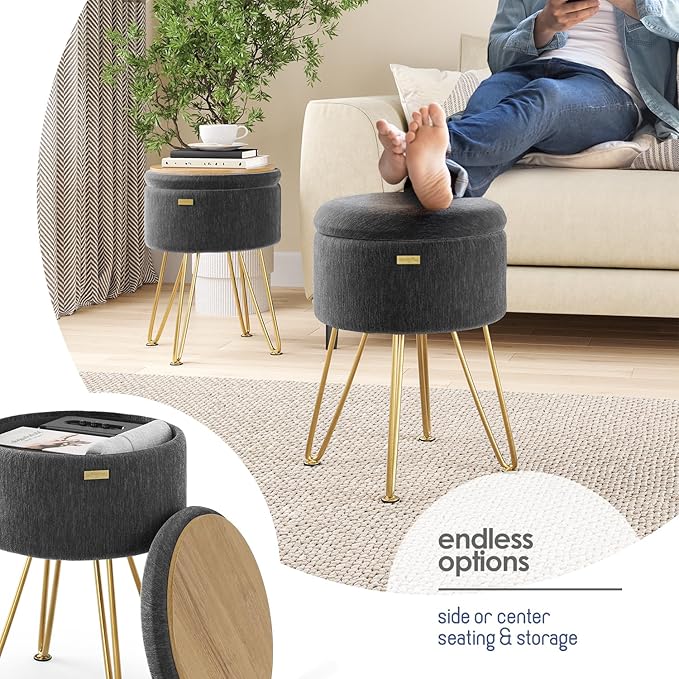 Round Ottoman with Storage, Textured Velvet Storage Ottoman, Foot Stool Ottomans, Makeup Vanity Stool, Small Ottomans Foot Rest, Modern Vanity Stools for Living Room and Bedroom, Grey
