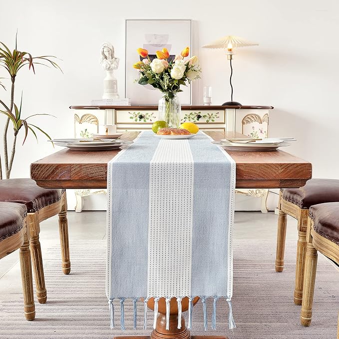 Wracra Linen Table Runner, Farmhouse Macrame Table Runners 108 Inches Long for Dining Table Decor, Wedding, Party and Dresser Decor (Blue,108")