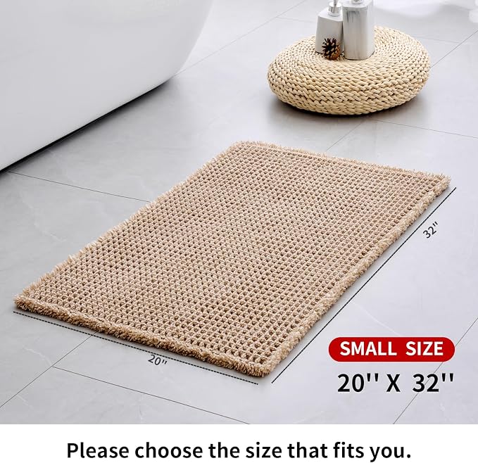 Disolla Waffle Bath Mat, Non Slip Absorbent Small Bathroom Rug, Machine Washable Quick Dry Ultra Soft Bathroom Floor Mat, Brown/White Bath Rug for Tub Shower, 20''x32''