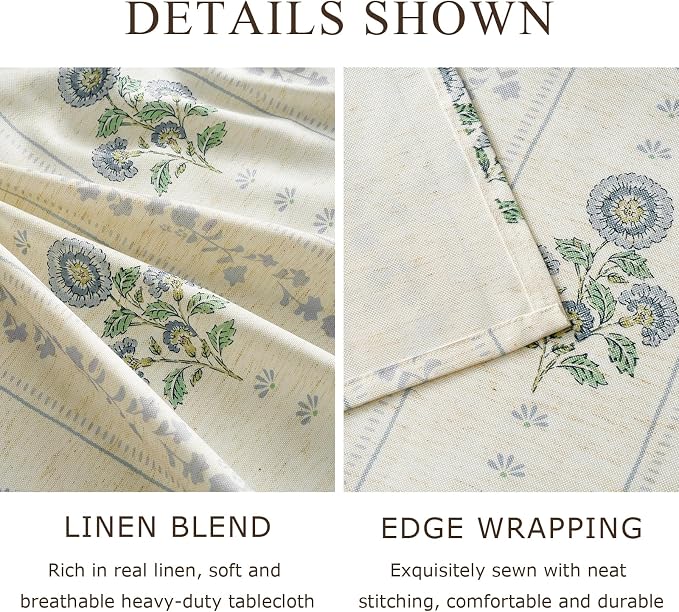 Farmhouse Blue Floral Rectangle Tablecloth: Linen Striped Printed Table Cloth - French Vintage Rustic Pattern on Burlap Textured Outdoor Table Cover for Kitchen,Dining,Party,Picnic Decor, 55x72 Inch