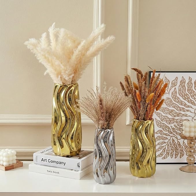 7.5" Gold Ceramic Vase - Minimalist Gold Flower Vase, Small Pampas Grass Vase, Boho Decorative Centerpiece Vase for Home Decor, Wedding, Housewarming, Table, Shelf, Mantel, and Entryway