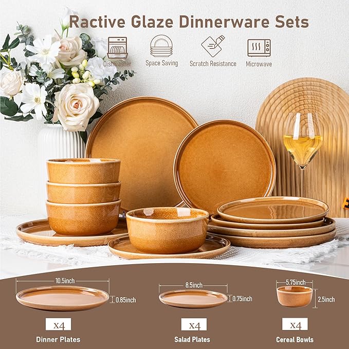 GBHOME Ceramic Dinnerware Sets for 6, 18 Pieces Stoneware Plates and Bowls Sets, Scratch Resistant Dishes, Dishwasher & Microwave Safe, Reactive Glaze-Amber
