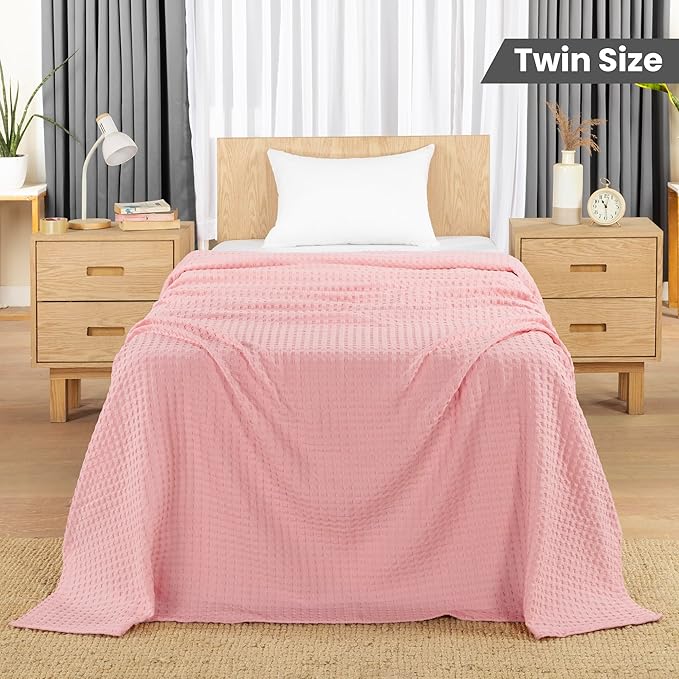 Utopia Bedding 100% Cotton Waffle Weave Blanket Twin Size for Bed - Lightweight, Breathable Summer Blankets for Couch Sofa Soft and Cozy, Gift for Mother’s Day Home Decor (Pink, 90x72 Inch)
