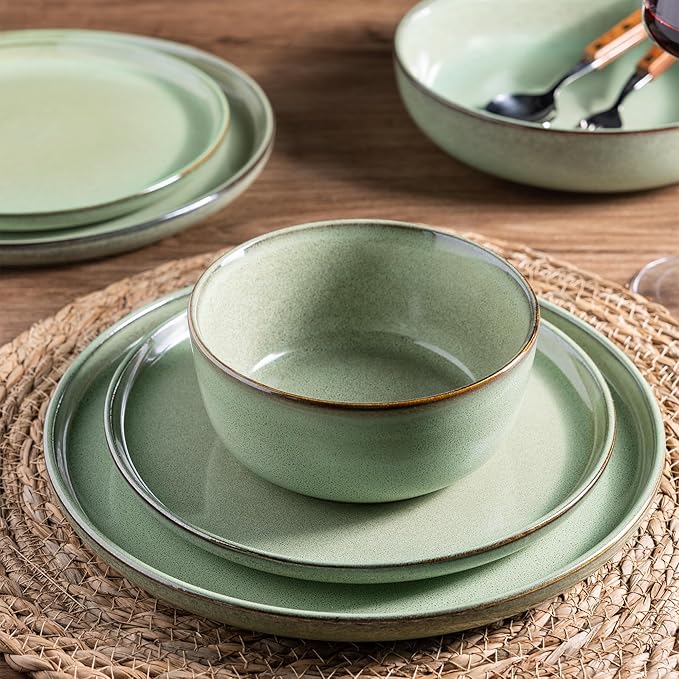 GBHOME Ceramic Dinnerware Sets for 4, 12 Pieces Stoneware Plates and Bowls Sets, Scratch Resistant Dishes, Dishwasher & Microwave Safe-Pastel Green