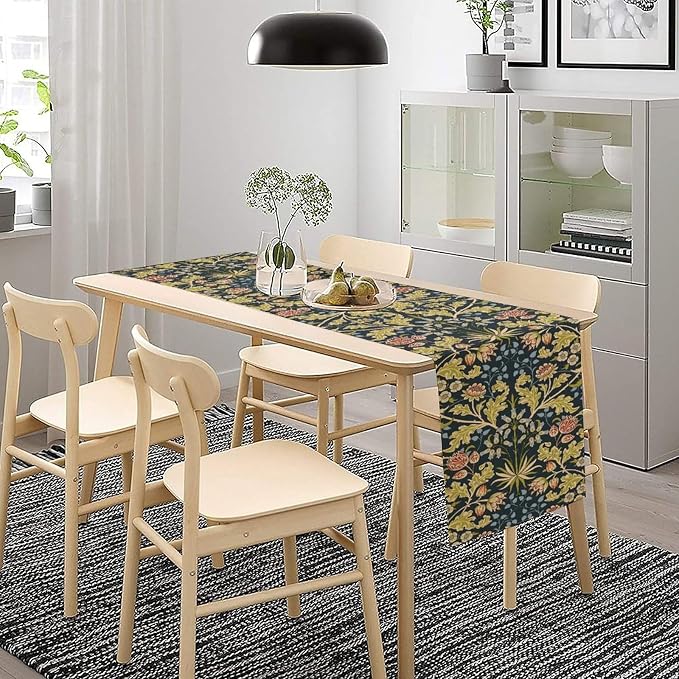 Vintage Floral Table Runner, William Morris Colorful Boho Watercolor Flower Retro Botanical Plant Dinner Runner for Home Kitchen Dining Table Decoration 13x70 Inch