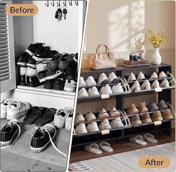 Shoe Storage Cabinet for Entryway with 4 Flip Drawers, Narrow Shoe Rack Organizer, Slim Freestanding Wood Hidden Shoe Cabinet with Adjustable Shelf for Hallway, Living Room (Black, 47.24'')