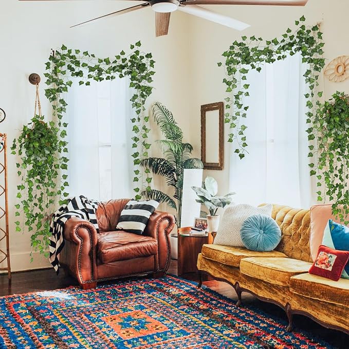 RECUTMS Fake Vines for Room Decor 86 FT Artificial Ivy Garland Hanging Plants Faux Greenery Leaves Bedroom Decor Aesthetic for Wall Wedding Party Home Garden Office Patio Outdoor Decoration(12 Pack)