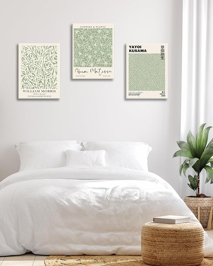 HesenDot Green Botanical Framed Wall Art Set, 12x16in Matisse William Morris Canvas Prints,Minimalist Classic Plants Home Decor for Living Room Bedroom Bathroom Office, Set of 3