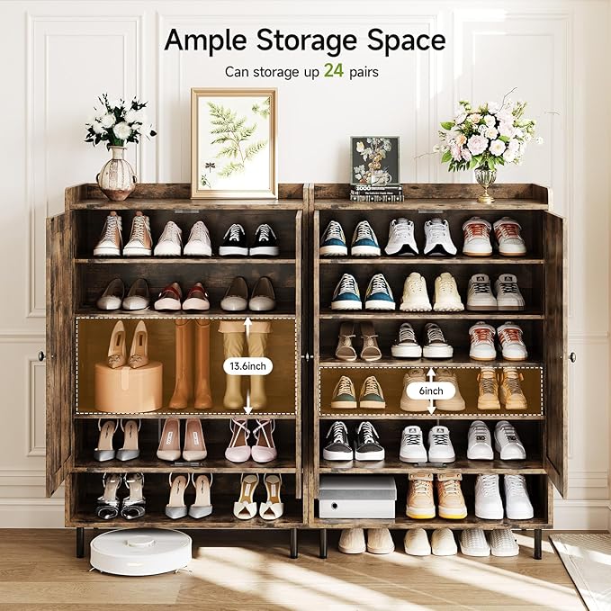 ComfyCorner Brown 7+1 Tier Farmhouse Shoe Storage Cabinet - 45" Tall Entryway Organizer with Cross Molding Doors, 3 Adjustable Shelves & Metal Legs, Shoe Rack for Front Door Entrance