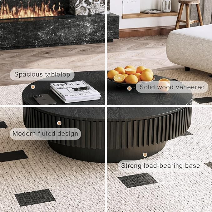 39'' Round Coffee Table with Storage, Modern Wooden Coffee Table with Solid Wood Veneered, Circle Center Table Accent Tea Table for Living Room Apartment Black
