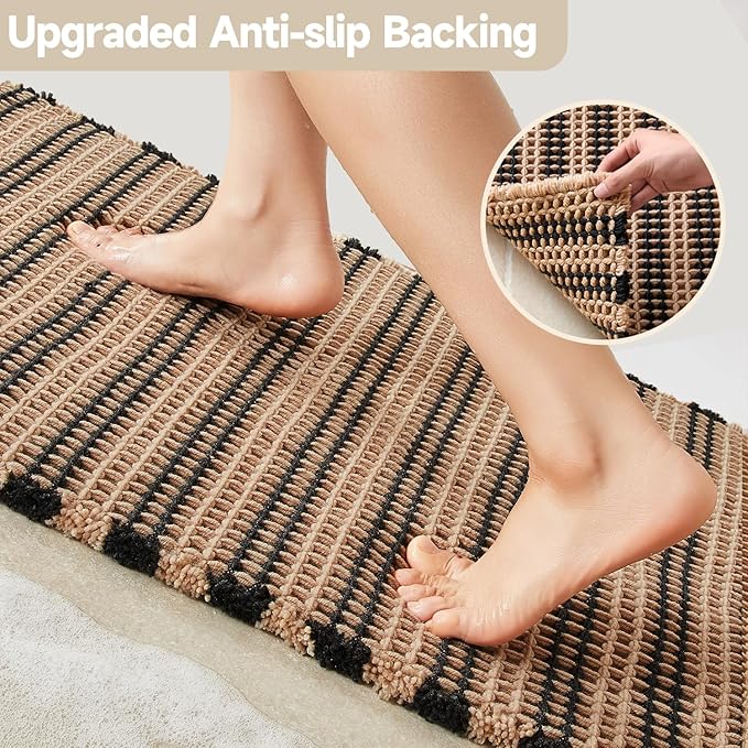TYUU Waffle Bath Mat, Boho Bathroom Rugs Non Slip Washable Super Absorbent Quick Dry Bath Mat Farmhouse Bathroom Decor, 36"x24" Black and Khaki