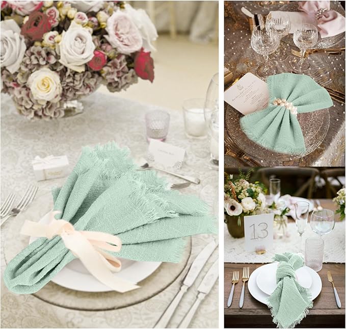 60 Packs Sage Green Napkins 16x16 Inch, Cotton Linen Handmade Cloth Napkins Bulk with Fringe - Soft Rustic Boho Napkins for Wedding, Party, Christmas Event Dinner Birthday Table Decor