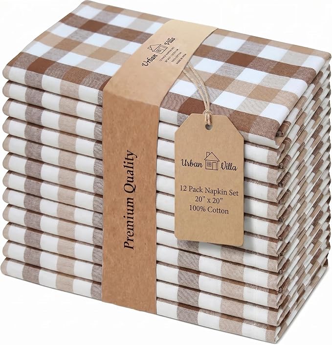 Urban Villa Cloth Napkins 100% Cotton Highly Absorbent Washable Reusable Premium Dinner Napkins Ideal for Gifts for Mothers Day Hotel Farmhouse Parties - Taupe/Chocolate (20" x 20", Set of 12)