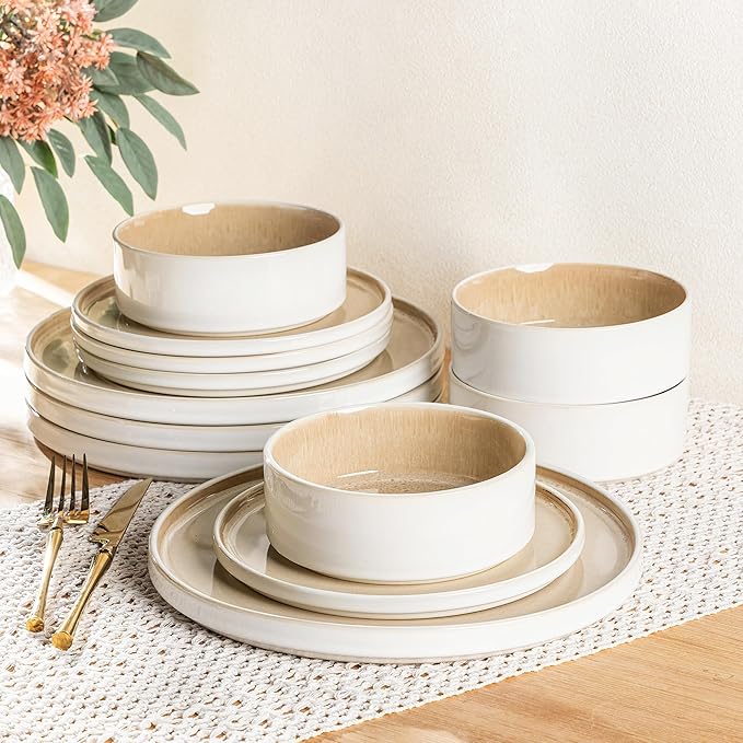 AmorArc Ceramic Dinnerware Sets, Handmade Reactive Glaze Stoneware Plates and Bowls Sets,Highly Chip and Crack Resistant | Dishwasher & Microwave Safe Dishes Set, Service for 4 (12pc)