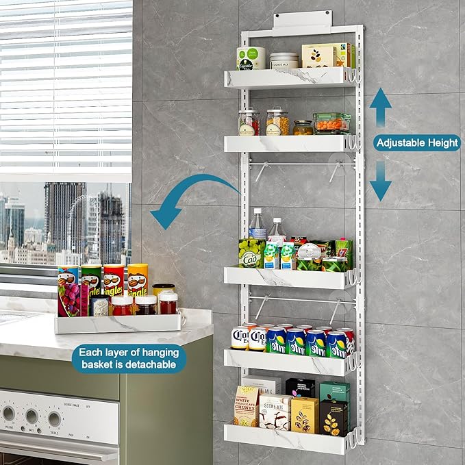 BUKFEN 6-Tier Over the Door Pantry Organizer, 2-in-1 Door Hanging or Wall Mounted Spice Rack, Heavy Duty Metal Storage Shelves with Adjustable Baskets for Kitchen Bathroom Closet, 1 Pack