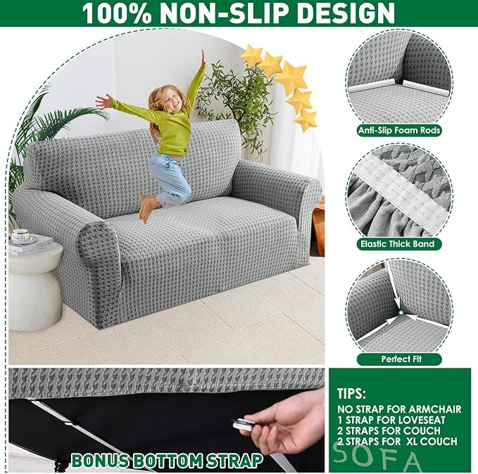 MAXIJIN Stretch Extra Large Couch Cover Sofa Covers (91"-110" Oversized Sofa Slipcovers with Non-Slip Foam & Elastic Strap, Dog Cat Pet Friendly Furniture Protector (X-Large, Light Gray)