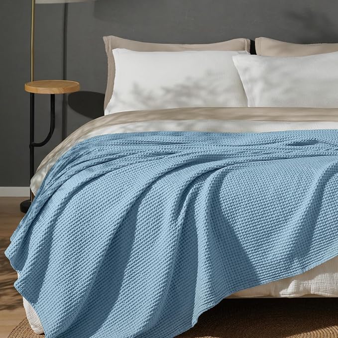 PHF Pre-Washed 100% Cotton Waffle Weave Blanket Queen Size for Bed,Snag Proof Throw Blanket for Couch Spring Summer Lightweight Breathable,Machine Washable, Home Decor Gift - Dusty Blue