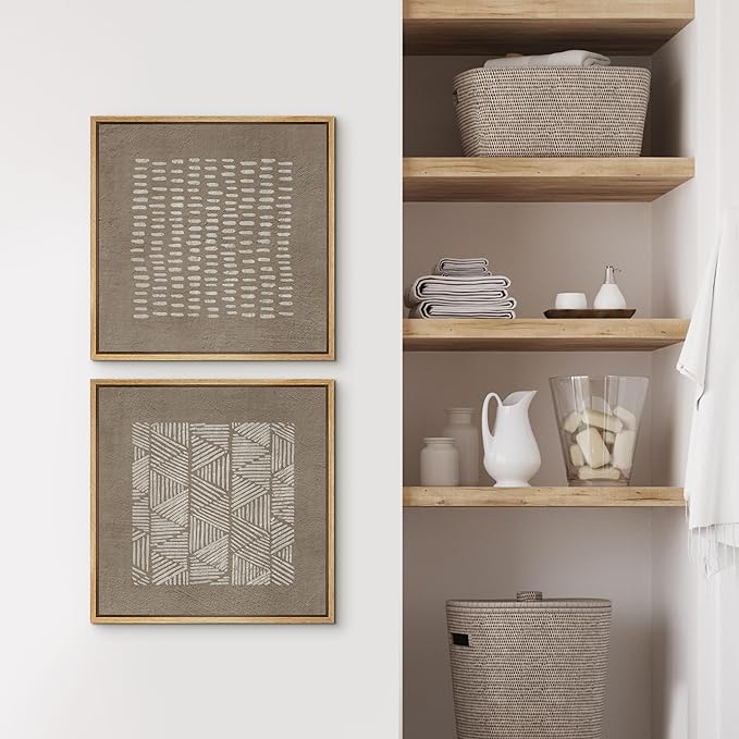 SIGNFORD Framed Canvas Print Wall Art Set Minimalist Line Patterns on Textured Background Modern Art Nordic Relax/Calm for Living Room, Bedroom, Office - 16"x16"x2 Natural