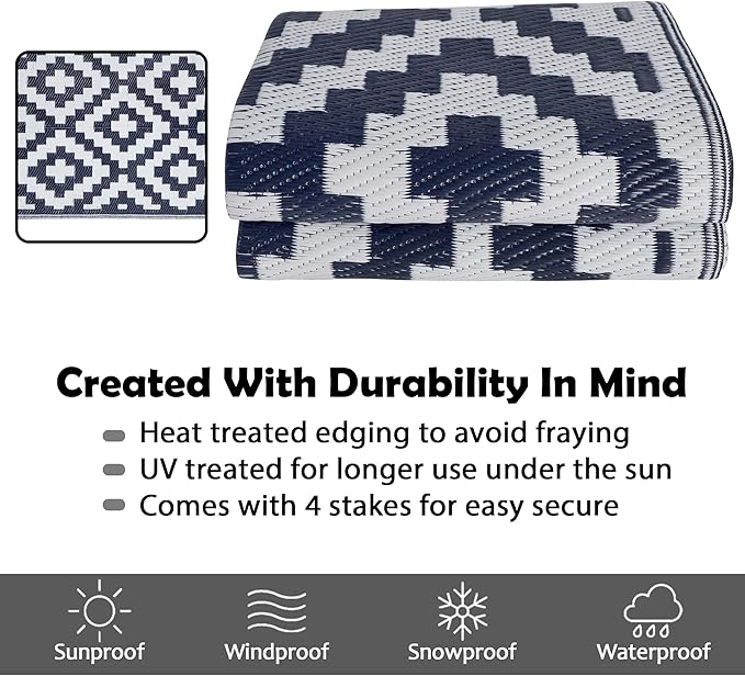 SAND MINE Reversible Mats, Plastic Straw Rug, Modern Area Rug, Large Floor Mat and Rug for Outdoors, RV, Patio, Backyard, Deck, Picnic, Beach, Trailer, Camping, Dark Blue & White, 5' x 8'