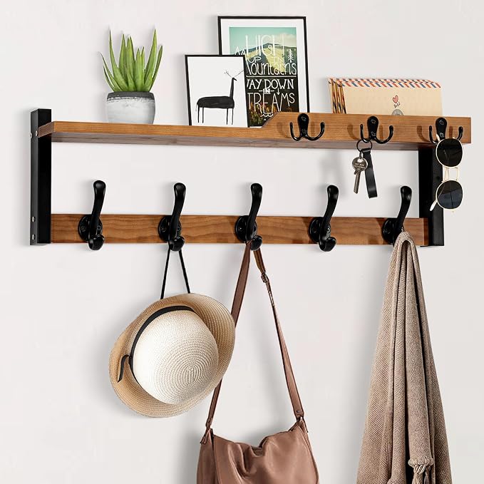 dreampossible 4 in 1 Coat Rack Wall Mount with Shelf, Coat Hooks 25.2" Entryway Coat Hanger with Key Hooks and Mail Holder, Wall Hooks with Shelf, Hat Rack for Wall Key Holder Mail Organizer